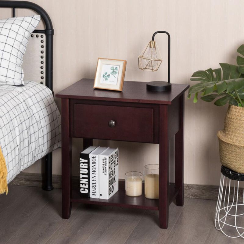 Nightstand with Drawer and Storage Shelf for Bedroom Living Room