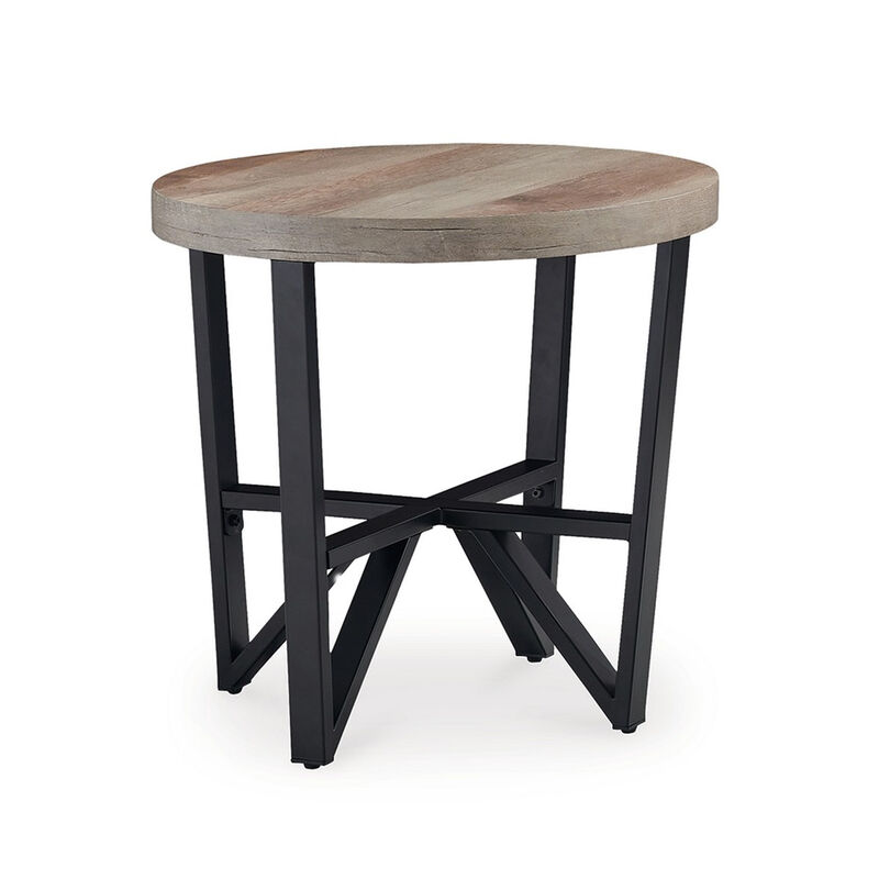 Hya 3pc Coffee and End Table Set, Brown Wood Round Top, Black Angular - Benzara