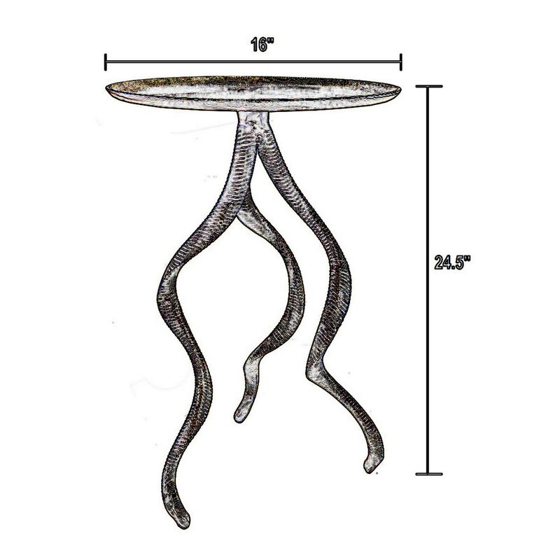 24 Inch Accent Side Table, Antler Base Design, Ribbed Top, Aluminium, Gold - Benzara