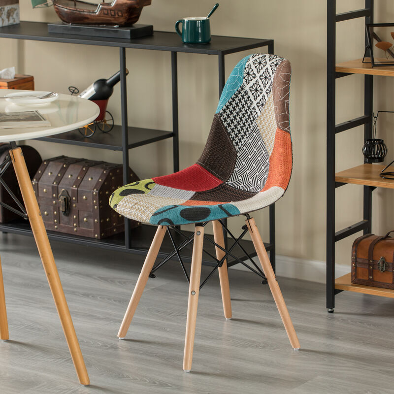 Modern Fabric Patchwork Chair with Wooden Legs for Kitchen, Dining Room, Entryway, Living Room, Single