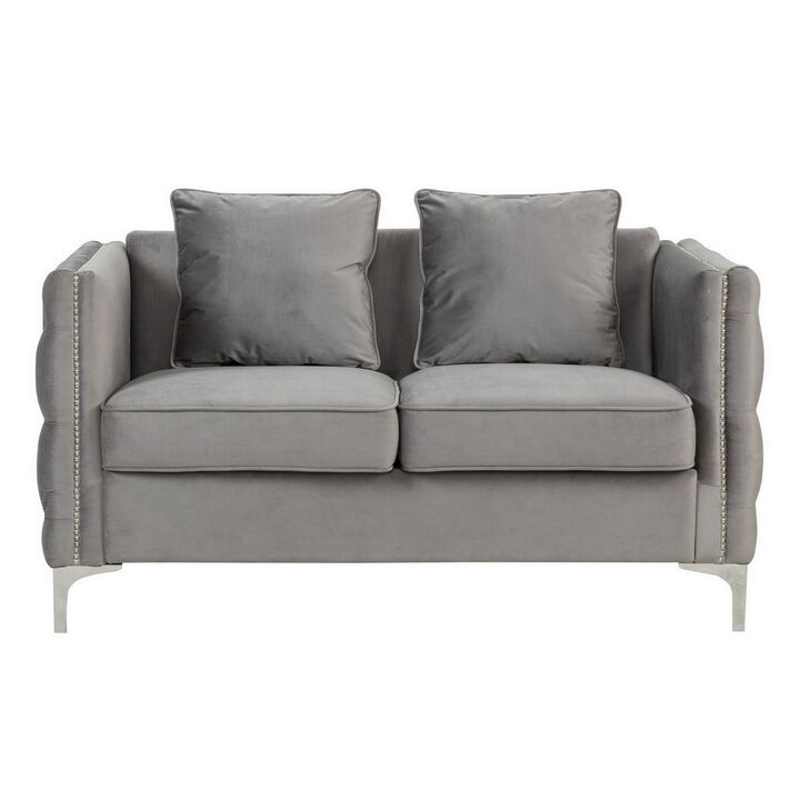 Zion 53 Inch Accent Loveseat, Handmade Nailhead Trim, Tufted, Gray Velvet-Benzara Zion 53 Inch Accent Loveseat, Handmade Nailhead Trim, Tufted, Gray Velvet-Benzara