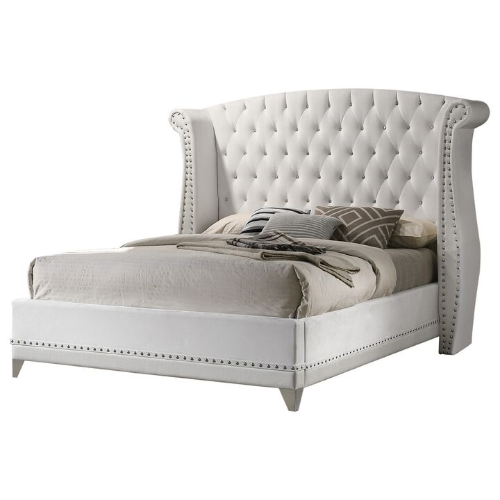 Dini Wingback Queen Bed, Crystal Button Tufting, White Velvet Upholstery - Benzara