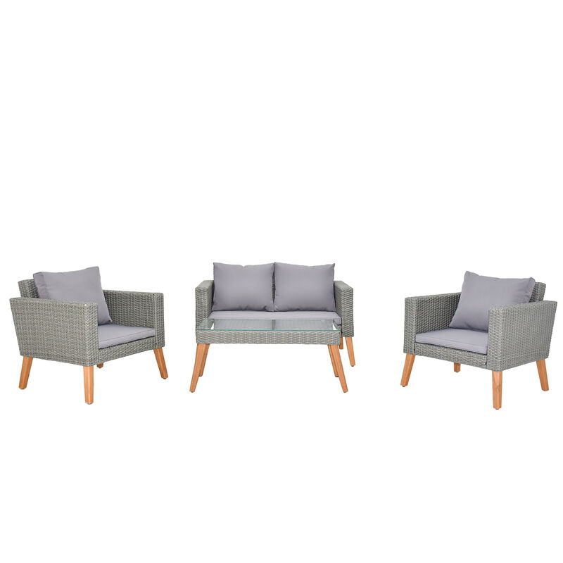 Resin Rattan and Wood Patio Set 4-Piece Conversation Furniture with Cushions
