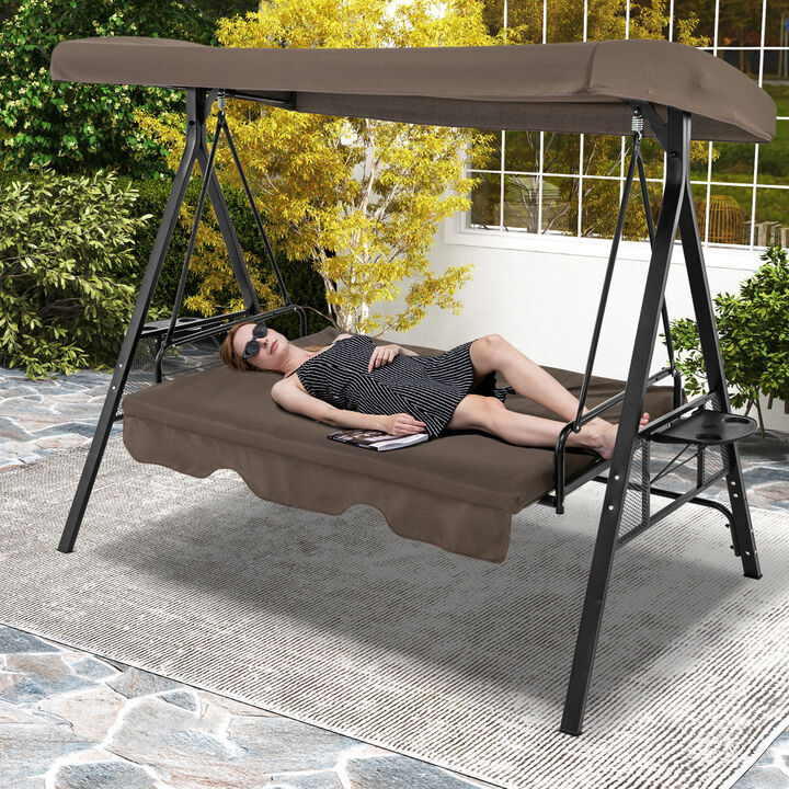 Convertible 3-Seat Patio Porch Swing Chair with Flat Bed and Adjustable Canopy