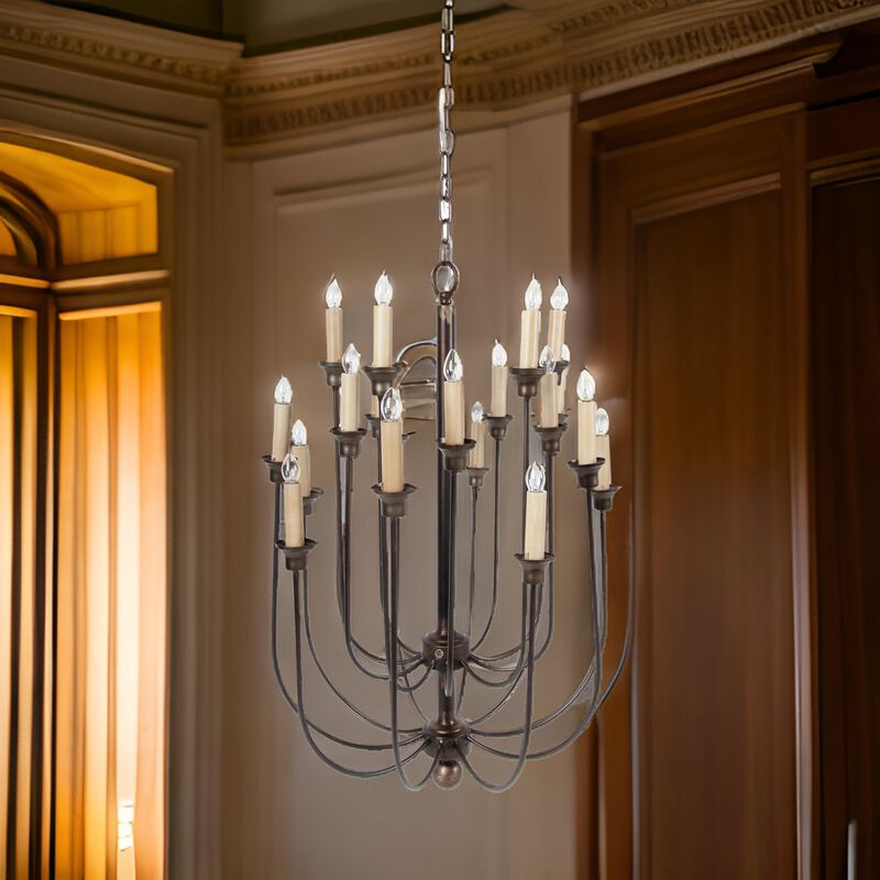 Traditional Decorative Metal Chandelier with Multiple Candles, Bronze and Cream - Benzara