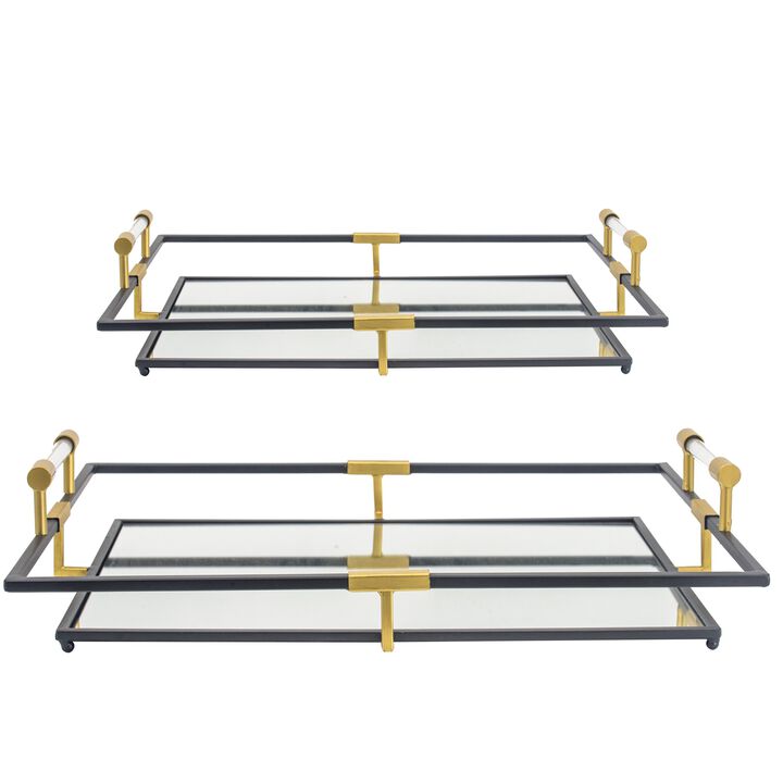 21, 27 Inch Set of 2 Decorative Trays with Mirror, Modern Frame, Gold, Black-Benzara