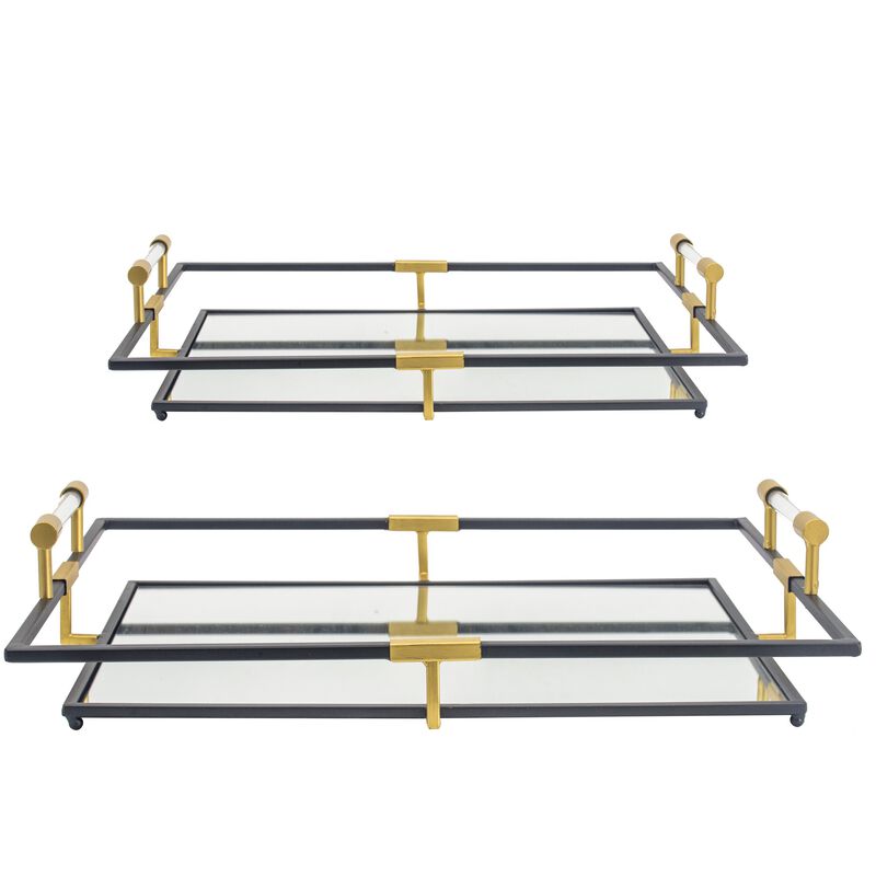 21, 27 Inch Set of 2 Decorative Trays with Mirror, Modern Frame, Gold, Black-Benzara