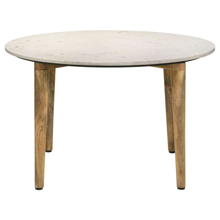 Wolu 30 Inch Coffee Table, White Marble Round Top, Natural Brown Mango Wood - Benzara