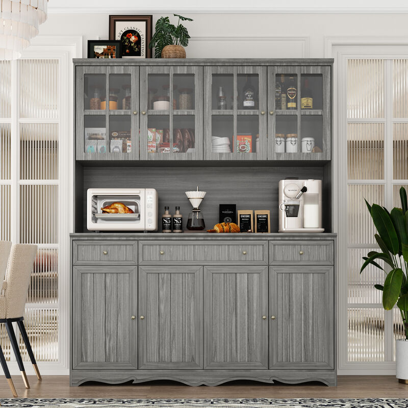 Gray Painted Wooden 61.2 in. W Buffet and Hutch Kitchen Cabinet with Drawers and Adjustable Shelves, Glass Doors