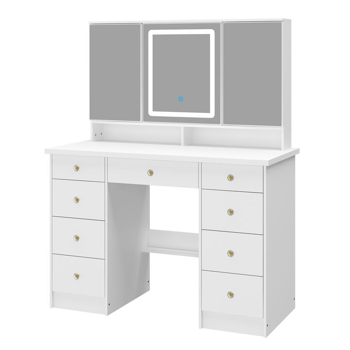 FUFU&GAGA Elegant Vanity Table with 9 Spacious Drawers and LED Mirror - 3 Lighting Modes (43.3”W x 19.7”D x 53.9”H),White