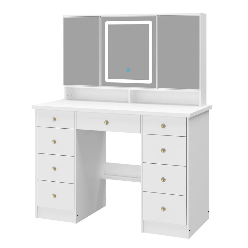 FUFU&GAGA Elegant Vanity Table with 9 Spacious Drawers and LED Mirror - 3 Lighting Modes (43.3”W x 19.7”D x 53.9”H),White