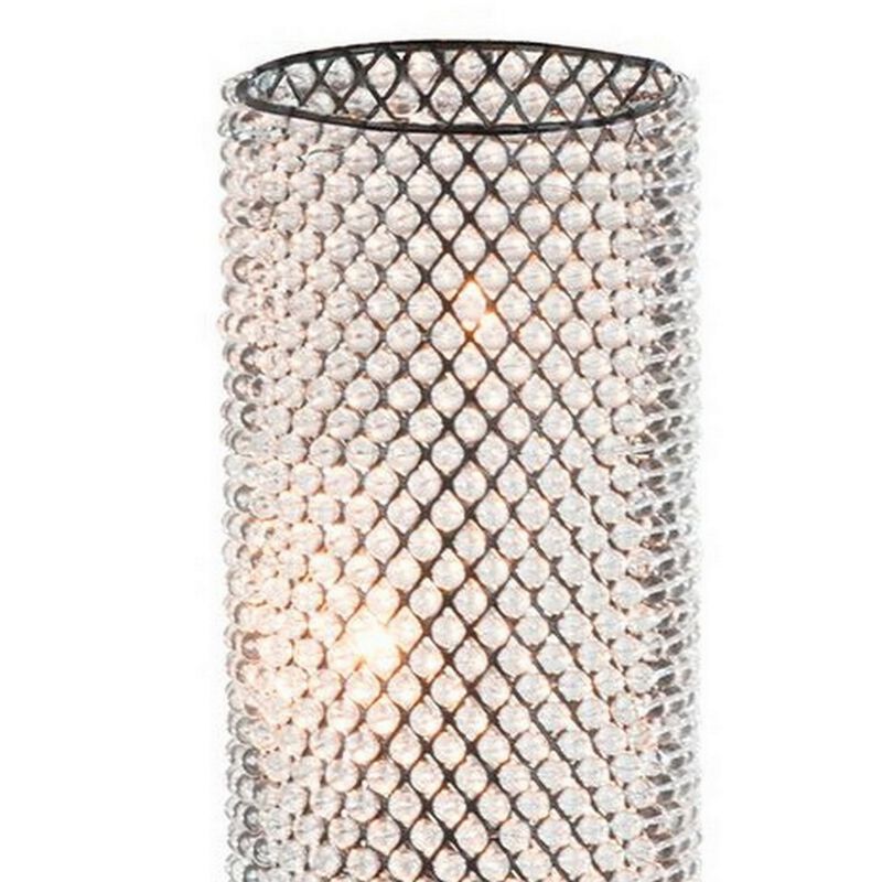16 Inch Table Lamp, Crystal Cylinder Shade, Metal Mesh, Antique Bronze-Benzara
