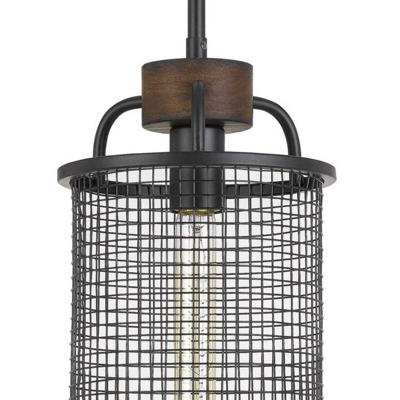 Cylindrical Grid Design Metal Chandelier with Wooden Accent, Black-Benzara