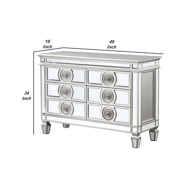 Server with 6 Mirrored Drawers and Medallion Front, Silver-Benzara