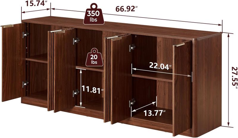 67" Walnut Fluted TV Stand with Storage,with Charging Station & Doors