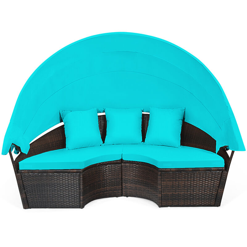 Patio Round Rattan Daybed with Retractable Canopy and Height Adjustable Coffee Table