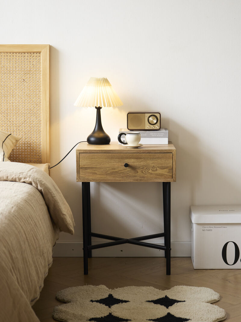 Bedside Table Night Stand in Wood and Metal