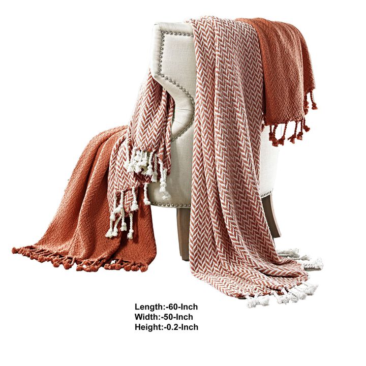 Calabria Herringbone Cotton Throw The Urban Port, Set of 2, Red and White - Benzara