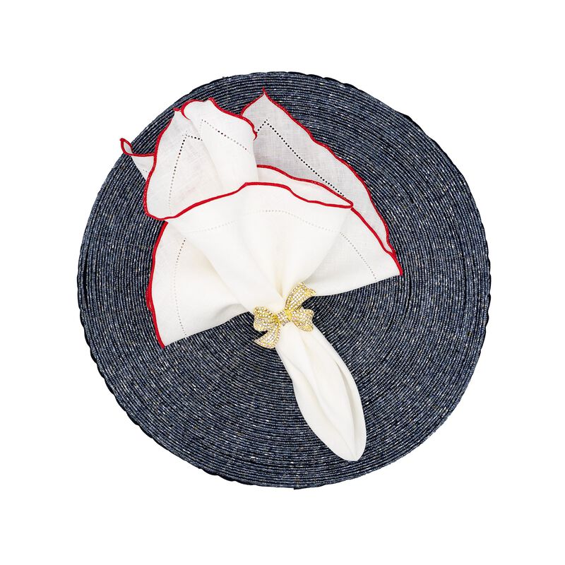 Linen Napkins With Red Ruffled Hemstitch Edges, Set of 4
