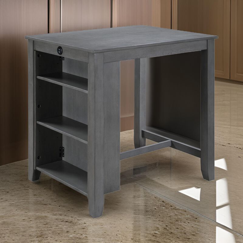 Ham 36 Inch Counter Height Small Dining Table with Shelves, USB Port, Gray - Benzara