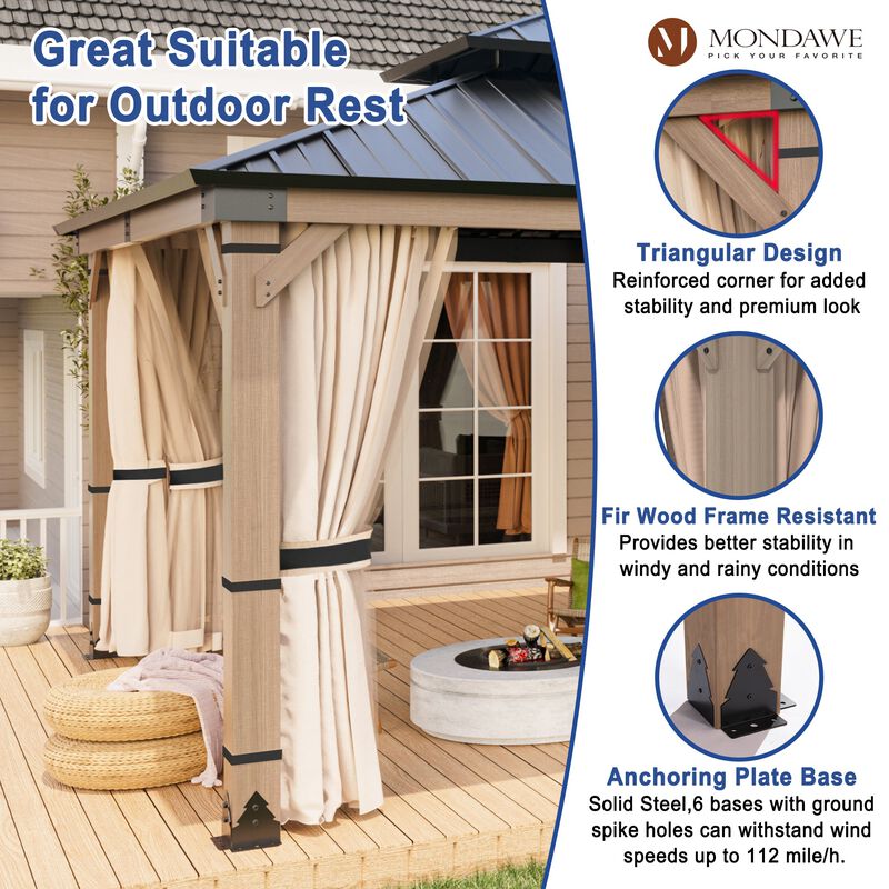 Mondawe Beverly Hills 12 ft. x 20 ft. Outdoor Fir Solid Wood Frame Patio Gazebo Canopy Shelter Galvanized Steel Hardtop with Netting And Curtain