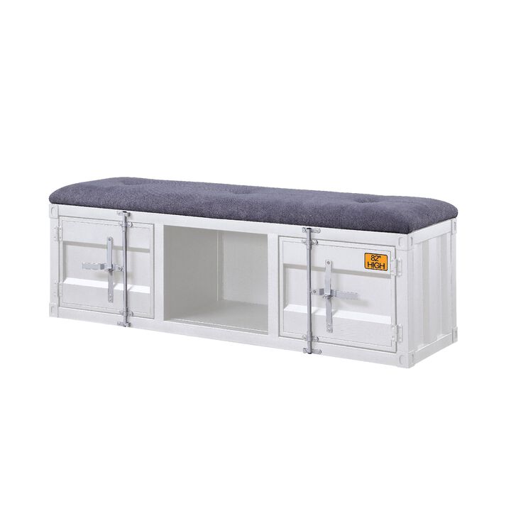 Metal Bench with Open Storage and Tufted Fabric Seat, White and Gray-Benzara
