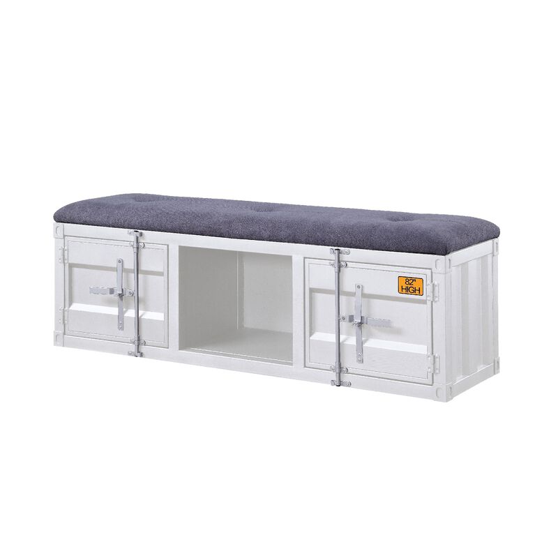 Metal Bench with Open Storage and Tufted Fabric Seat, White and Gray-Benzara