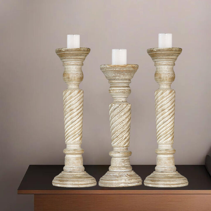 Traditional Antique White Eco-friendly Handmade Mango Wood Set Of Three 15",12" & 15" Pillar Candle Holder BBH Homes