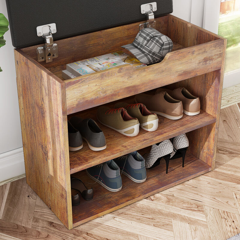 21.2 in. H x 24 in. W 6-Pair Shoes Brown Wood Shoe Storage Bench with Hidden Storage Compartment
