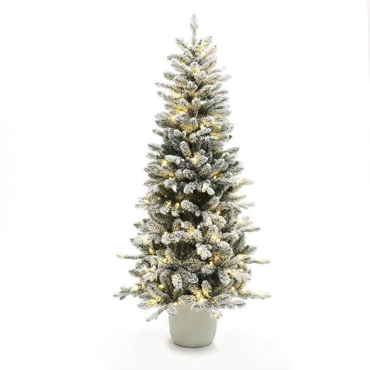 LuxenHome 5Ft Multicolored Pre-Lit Flocked Artificial Tree Potted