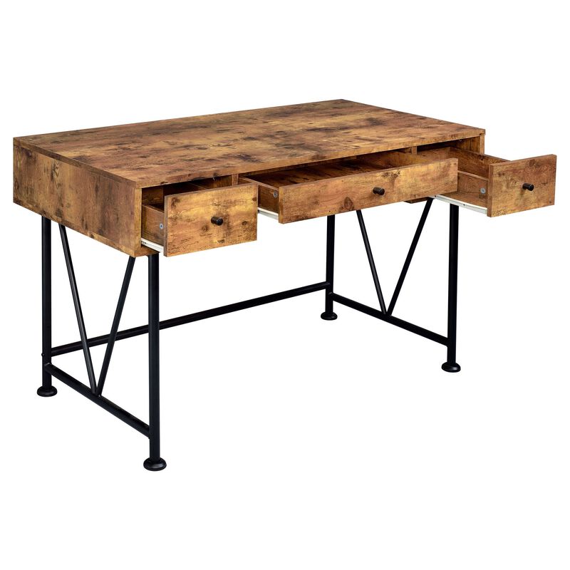 2 Piece Writing Desk with Bookshelf Unit, Rustic Brown, Black Metal Frame - Benzara