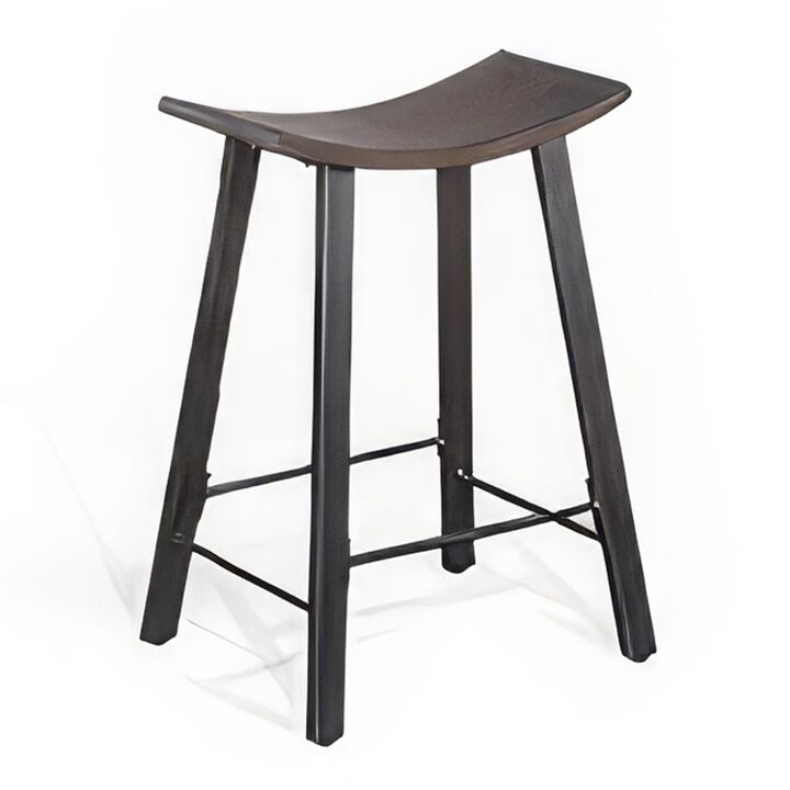 Flint Counter Stool Set of 2, Curved Dark Brown Mahogany, 24 Inch  - Benzara