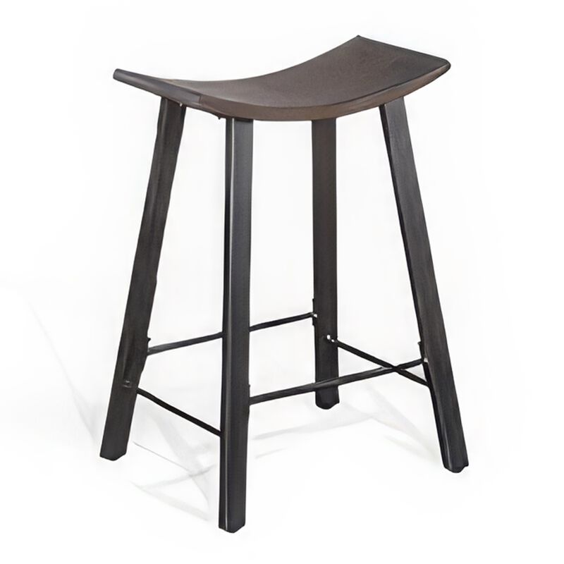 Flint Counter Stool Set of 2, Curved Dark Brown Mahogany, 24 Inch  - Benzara