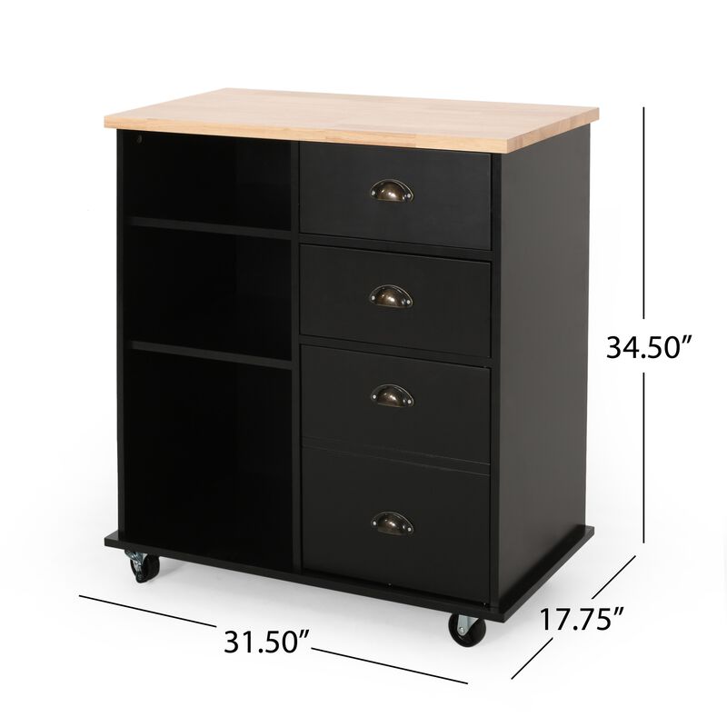 Rolling Kitchen Island Bar Cart w Drawers, Shelves, Brown n Black - Benzara