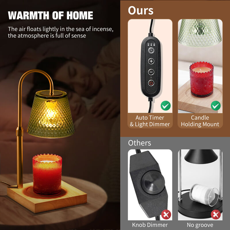 Candle warm lamp with dimmer and timer, aromatherapy wax candle melt lamp, adjustable height, green glass lamp shade, preferred for gifts