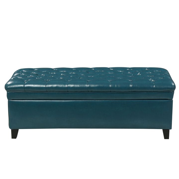 Rhya Storage Ottoman Bench, Teal Blue Faux Leather, Brown Wood 50 Inch -Benzara