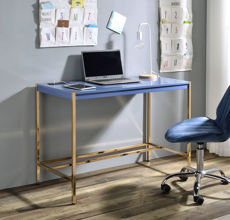 ACME Midriaks Writing Desk w/USB, Navy Blue & Gold Finish