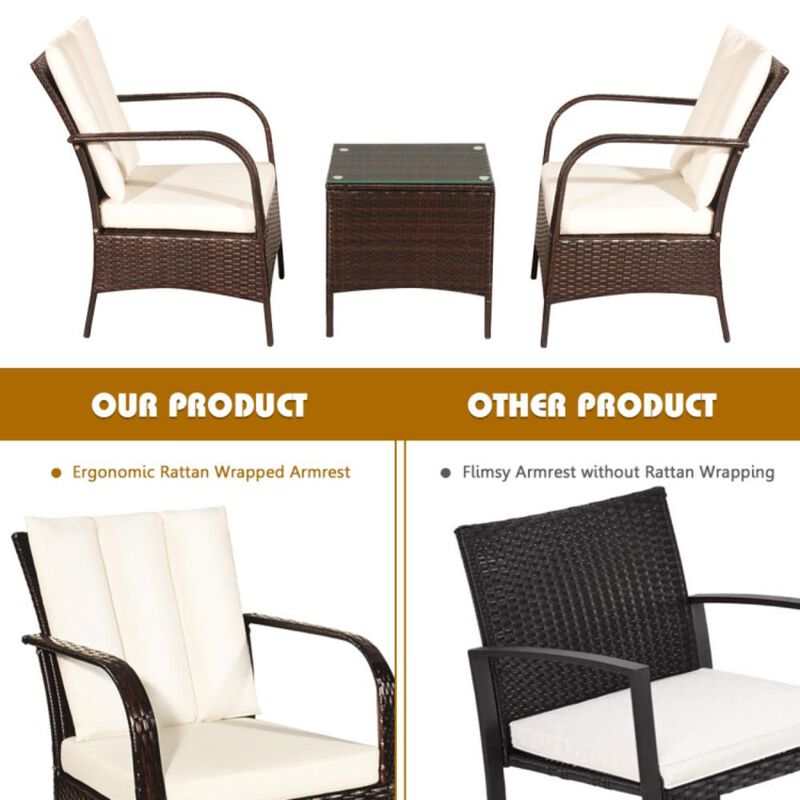 Hivvago 3 Pieces Patio Rattan Conversation Set with Glass Top Coffee Table and Cushions