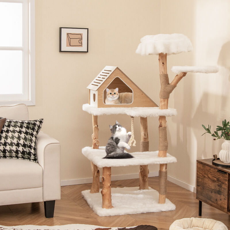 60-Inch Tall Solid Wood Cat Tree, Modern Wooden Cat Tower with 2 Perches for Cats