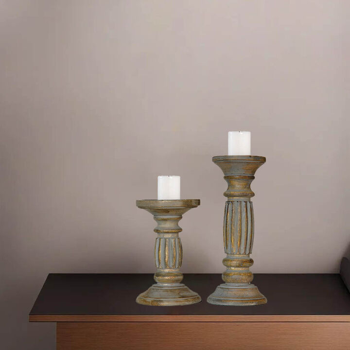 Traditional Gray Wash Eco-friendly Handmade Mango Wood Set Of Two 6" & 9" Pillar Candle Holder