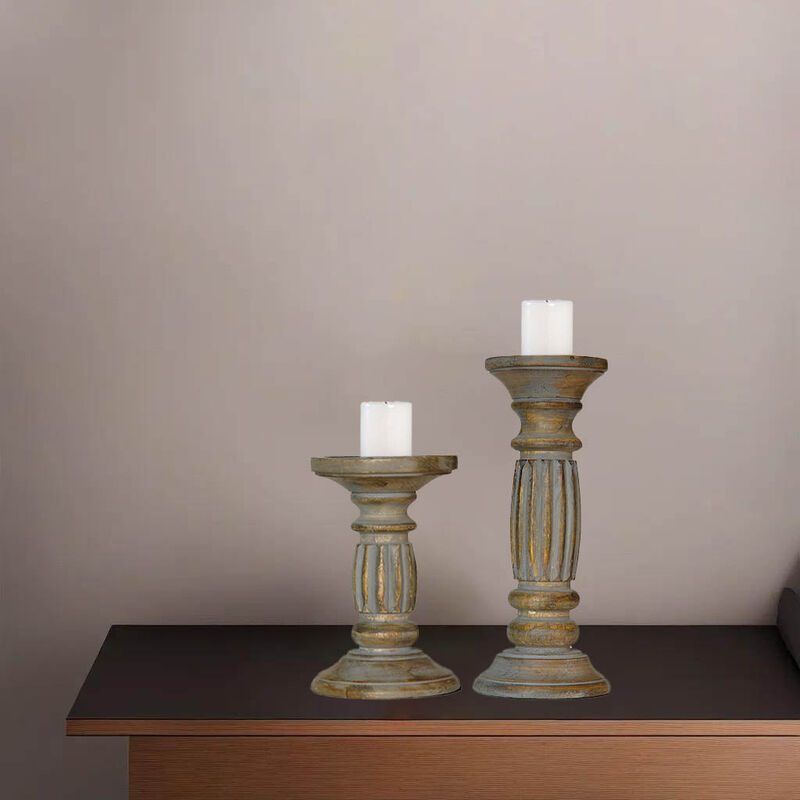 Traditional Gray Wash Eco-friendly Handmade Mango Wood Set Of Two 6" & 9" Pillar Candle Holder