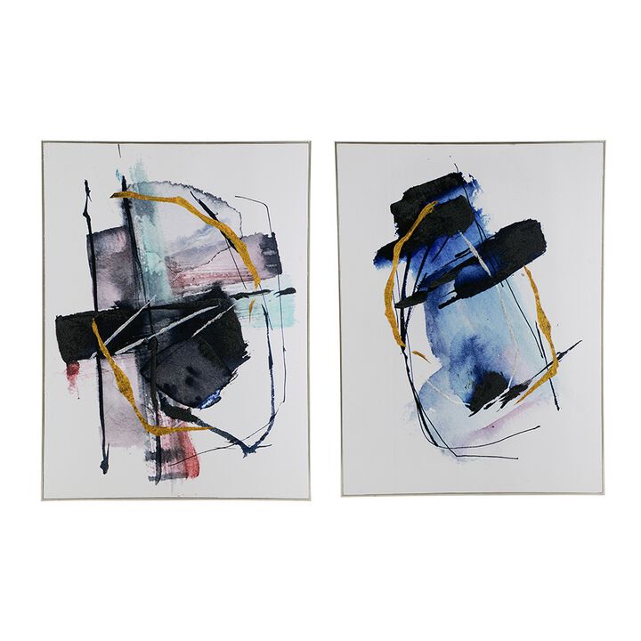 24 x 32 Abstract Wall Art Set of 2, Black and Blue Painting, Silver Wood - Benzara
