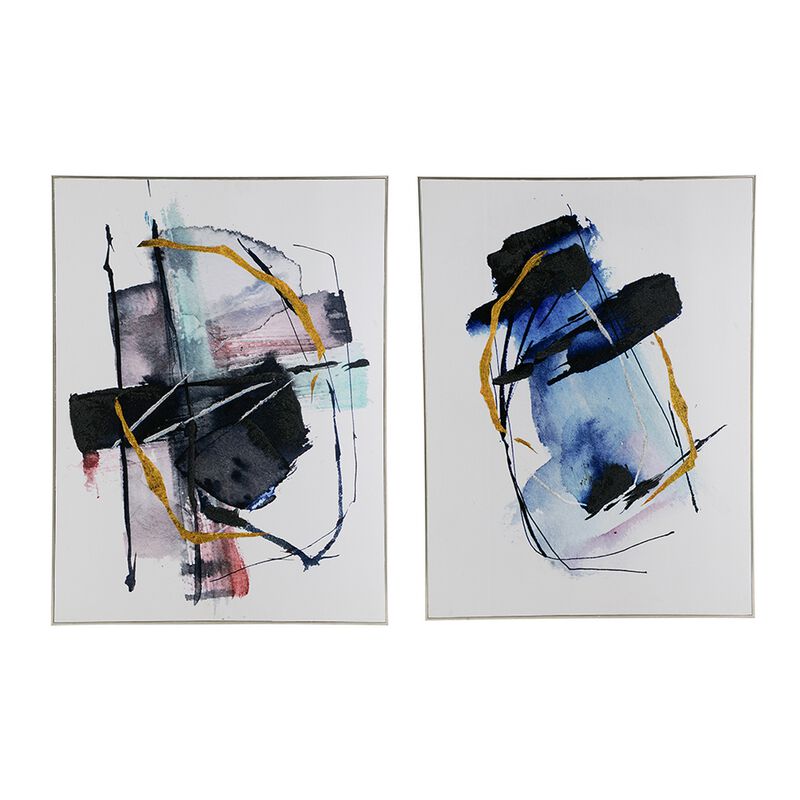 24 x 32 Abstract Wall Art Set of 2, Black and Blue Painting, Silver Wood - Benzara