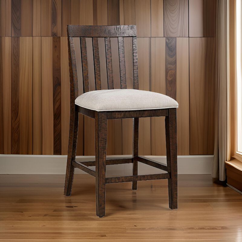 Shaw 25 Inch, Counter Height Chair, Slatted Back, Beige Seat, Brown Wood-Benzara