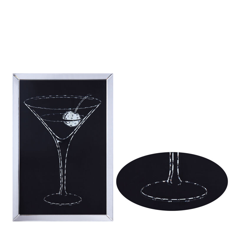 Wood and Mirror Martini Glass Wall Art, Clear and Black-Benzara