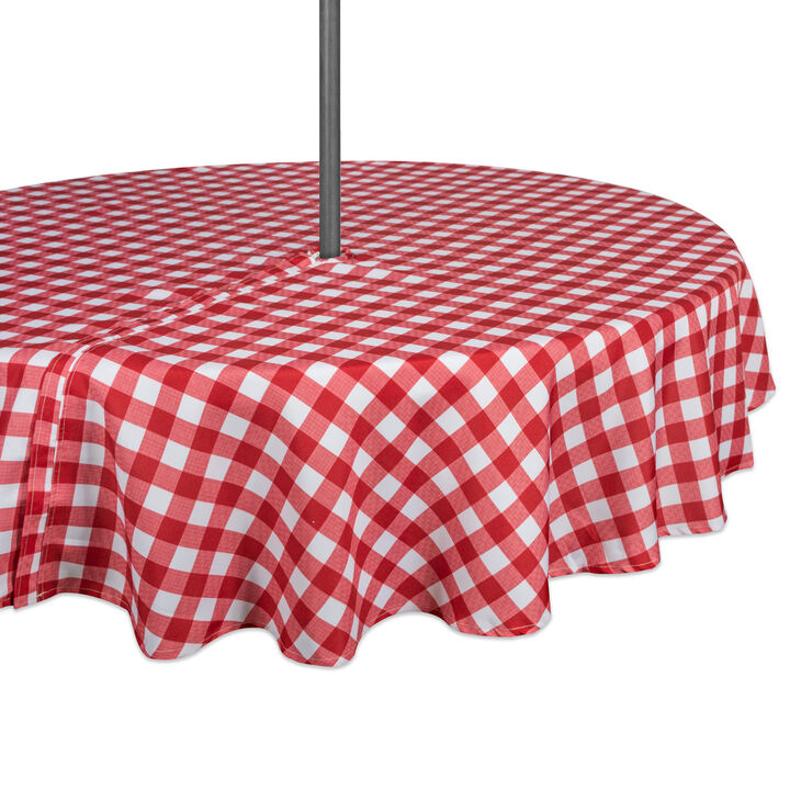 52" Zippered Round Outdoor Tablecloth with Red Checkered Design
