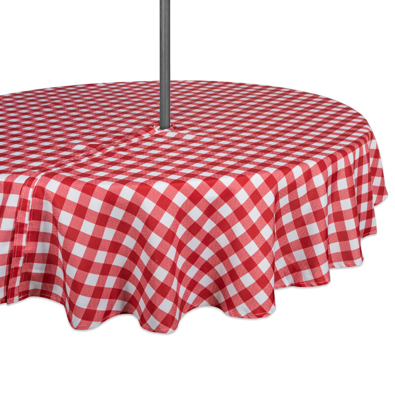 52" Zippered Round Outdoor Tablecloth with Red Checkered Design
