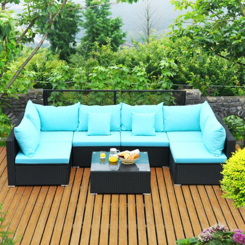 Hivvago 7 Pieces Sectional Wicker Furniture Sofa Set with Tempered Glass Top Coffee Table
