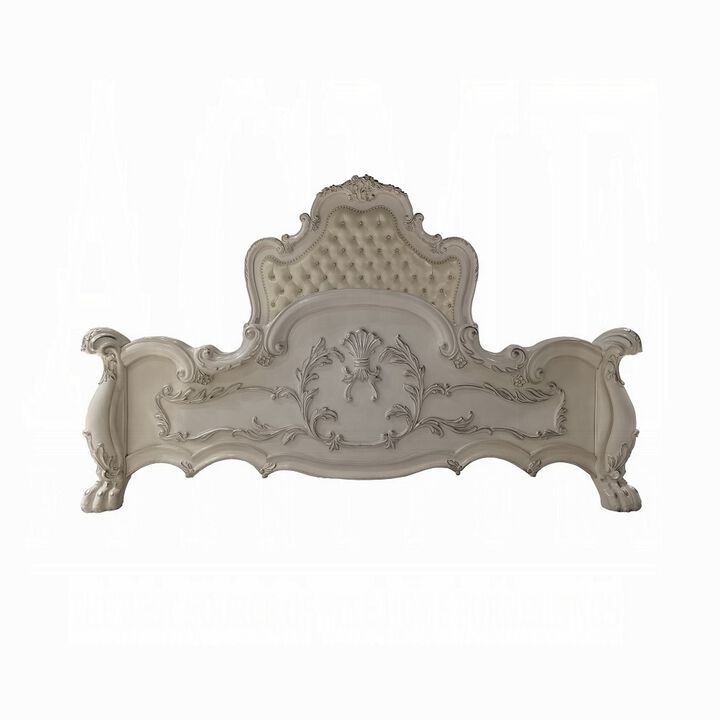 Ally King Bed, Classical White Faux Leather Victorian Carved Wood - Benzara