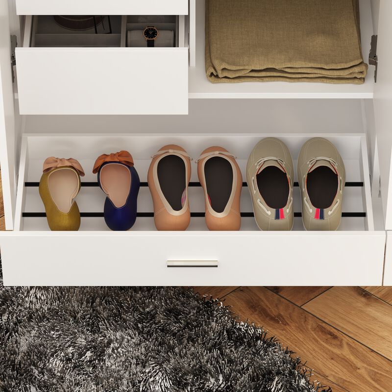 White Wood 47.2 in. W 3-Door Bedroom Armoire Wardrobe Closet Cabinet with Hanging Rod, Drawers, Shoe Rack